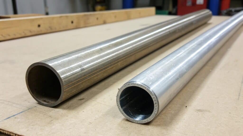 A scale balancing a small, dense steel block against a much larger aluminum block of the same weight.